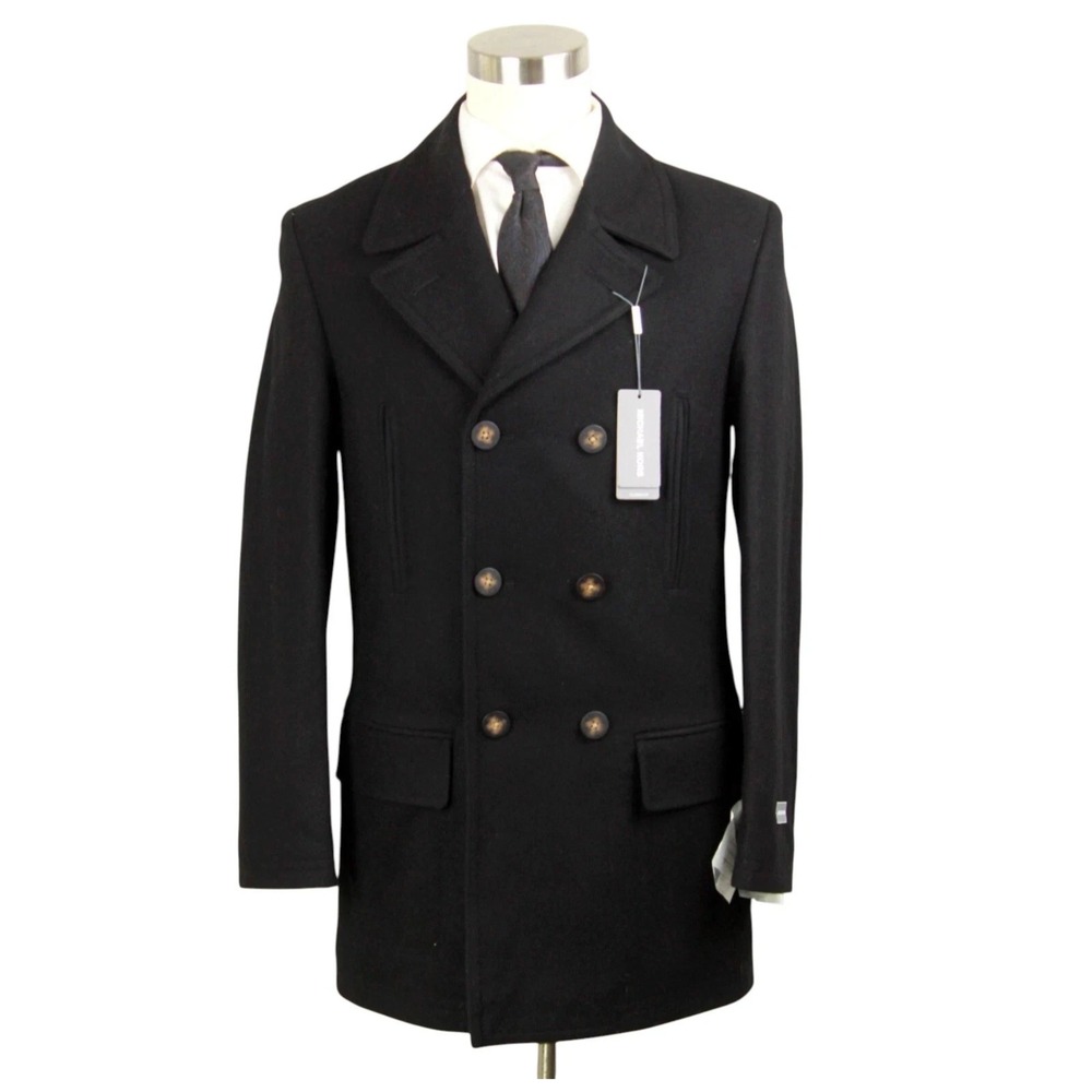 Michael Kors Mens Classic fit Double Breasted Peacoat Coat 38S Black Solid Wool